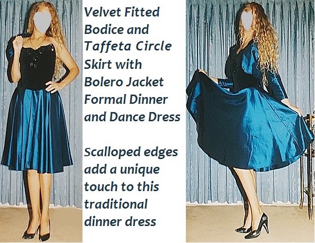 Blue Taffeta Black Velvet Bodice Circle Skirt Bolero Jacket Formal Dress