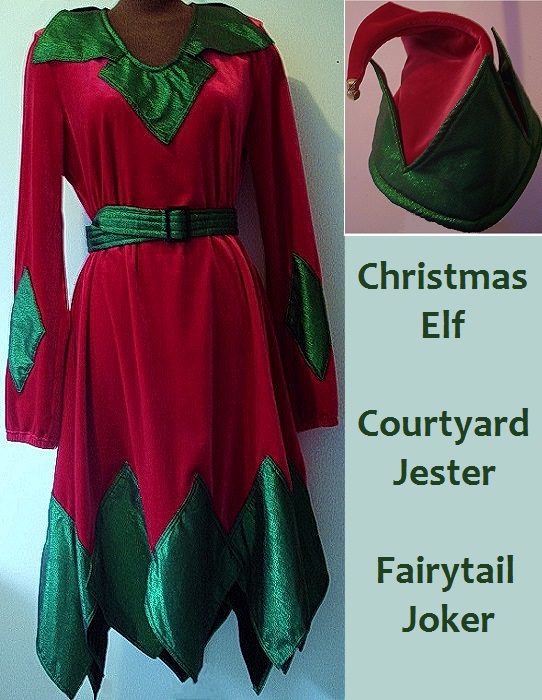 Red Velvet Green Metalic Velvet Christmas Elf, Jester, Joker, Character Costume